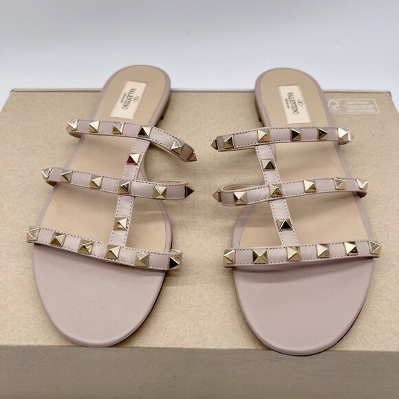 Valentino Garavani Womens Rockstud Flat Slide Sandals P45 Poudre Leather EU 39 - Picture 4 of 11